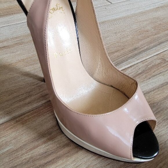 Christian Louboutin Nude/White/Black Patent Leather Lady Peep Slingback 150mm - Picture 4 of 15